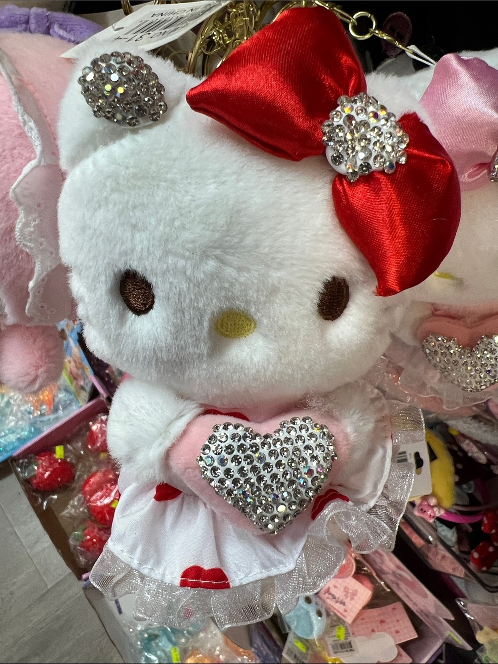 Hello Kitty White Plush Keychain with Red Bow and Pink Heart